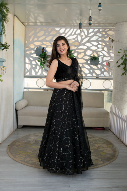 Women's Black Organza Lehenga With Velvet Blouse (3 Pc Set)