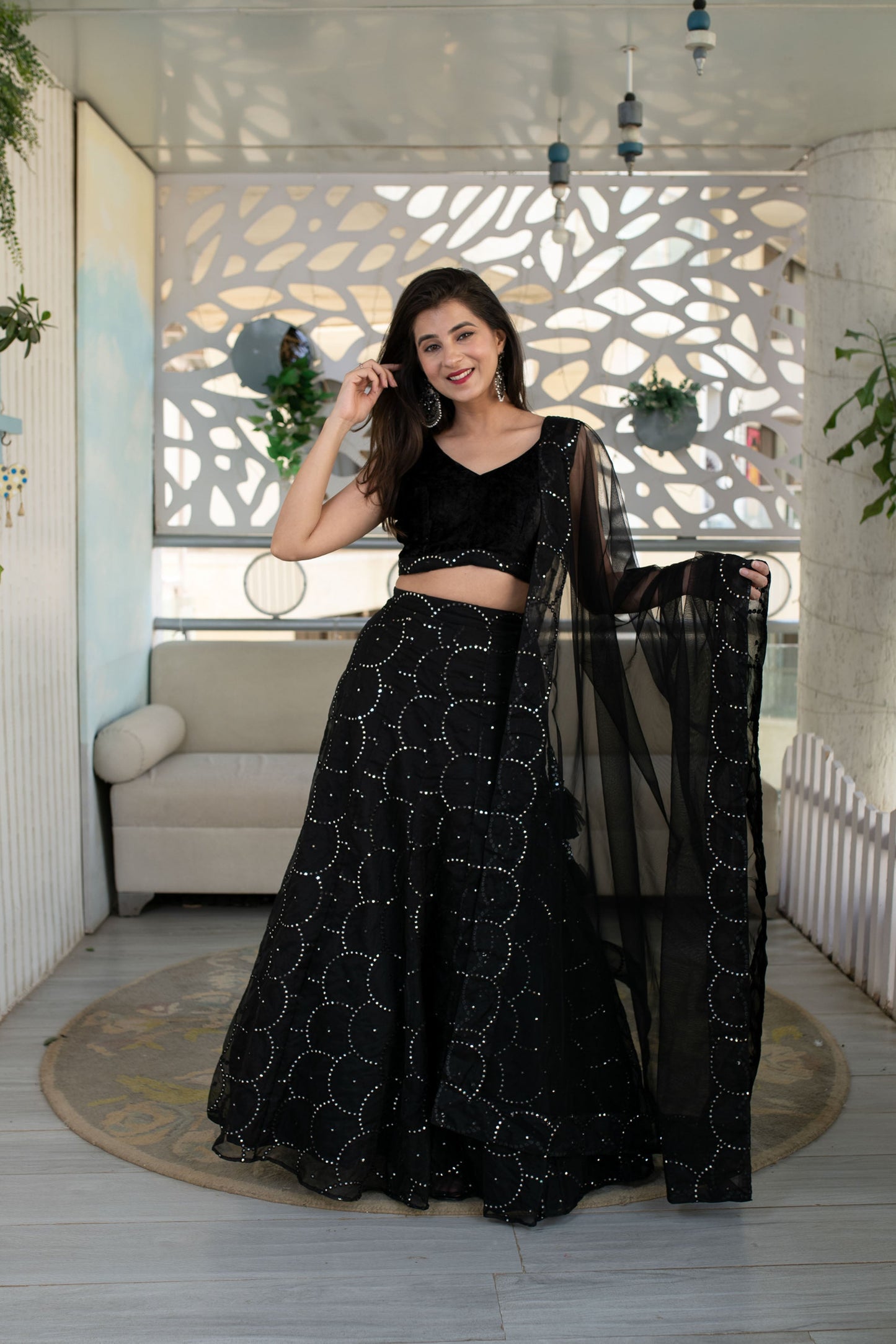 Women's Black Organza Lehenga With Velvet Blouse (3 Pc Set)