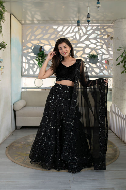 Women's Black Organza Lehenga With Velvet Blouse (3 Pc Set)