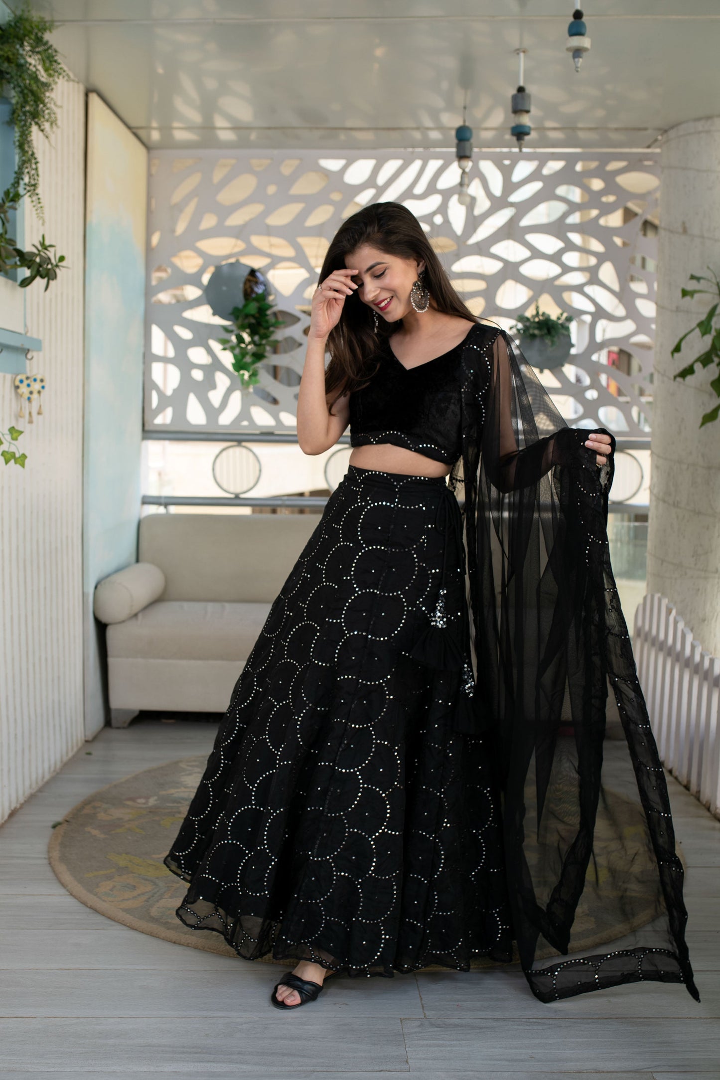 Women's Black Organza Lehenga With Velvet Blouse (3 Pc Set)