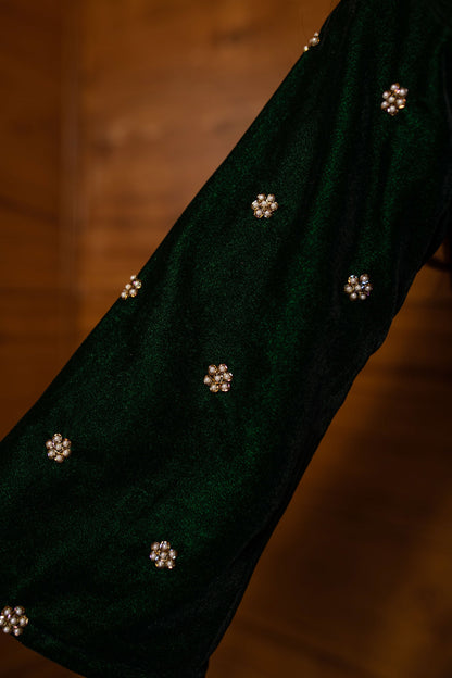 Women's Bottle Green Hand Work Velvet Kurta Set