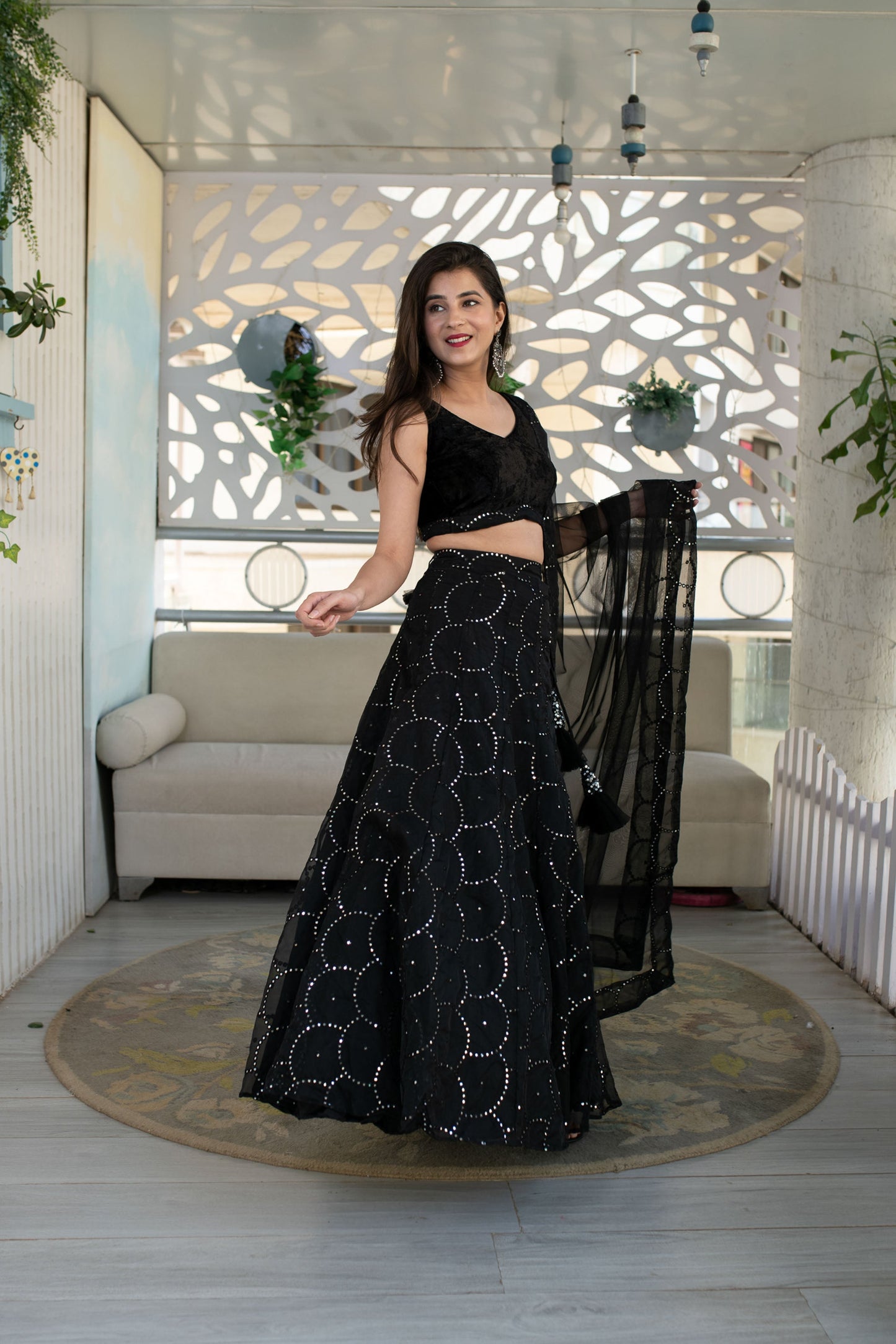 Women's Black Organza Lehenga With Velvet Blouse (3 Pc Set)