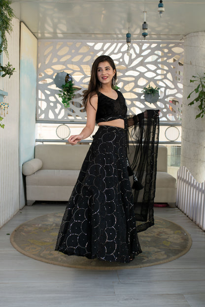 Women's Black Organza Lehenga With Velvet Blouse (3 Pc Set)