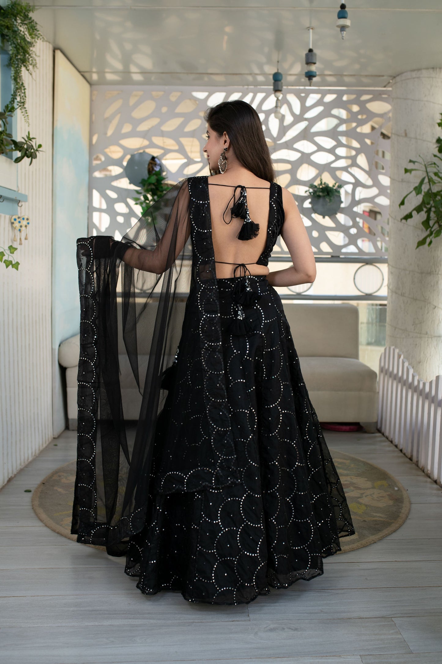 Women's Black Organza Lehenga With Velvet Blouse (3 Pc Set)
