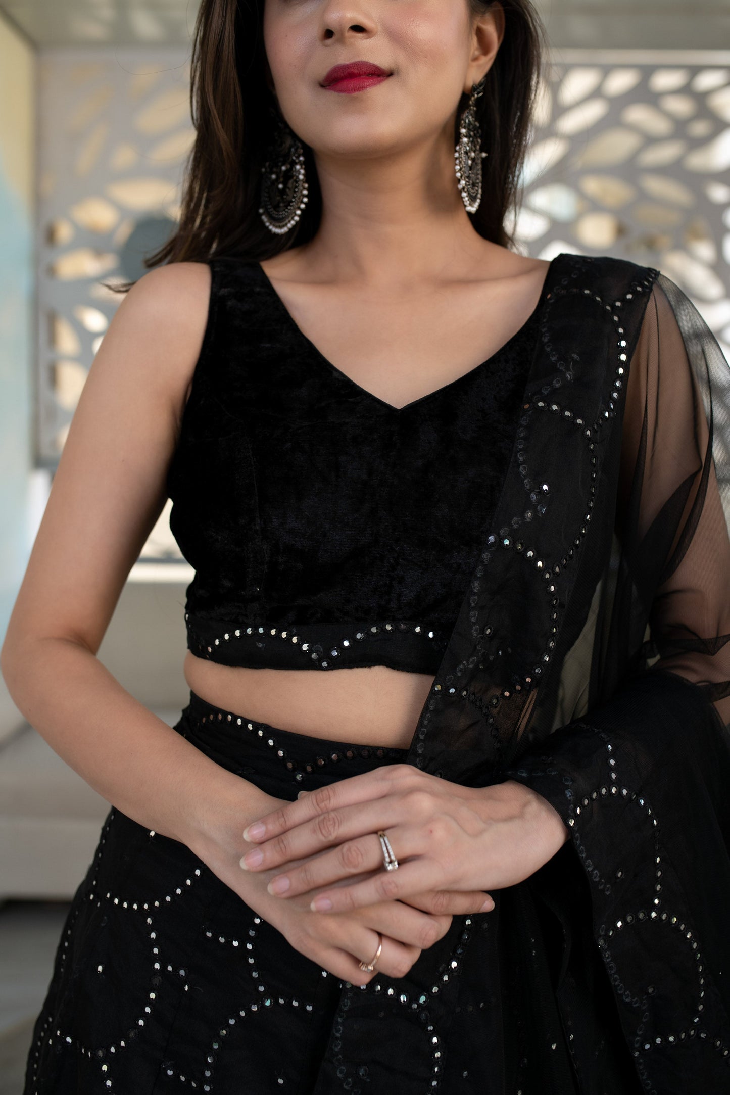 Women's Black Organza Lehenga With Velvet Blouse (3 Pc Set)