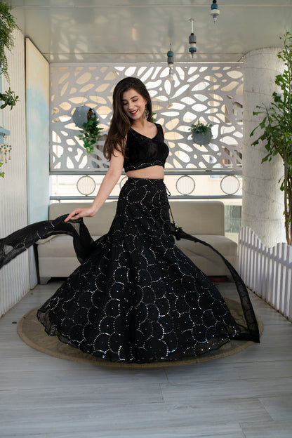 Women's Black Organza Lehenga With Velvet Blouse (3 Pc Set)