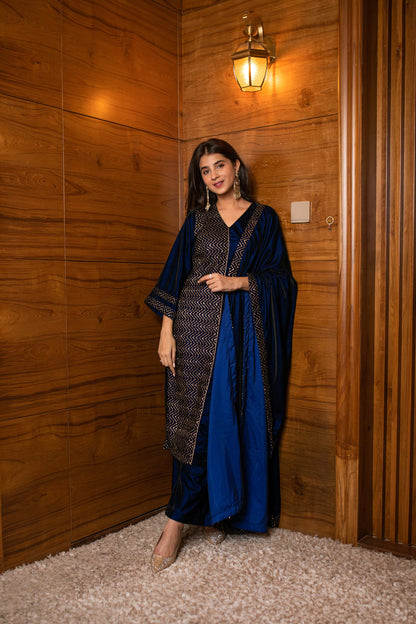 Women's Royal Blue Pannel Kurta Set