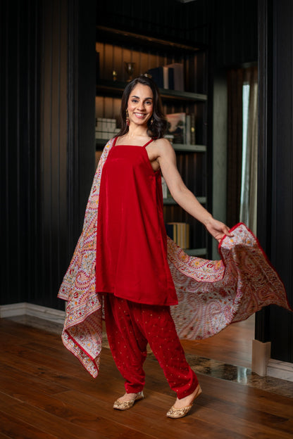 Women's Red Velvet Salwar With Heavy Dupatta