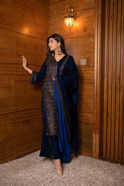 Women's Royal Blue Pannel Kurta Set