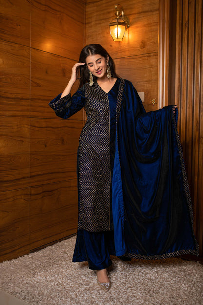 Women's Royal Blue Pannel Kurta Set