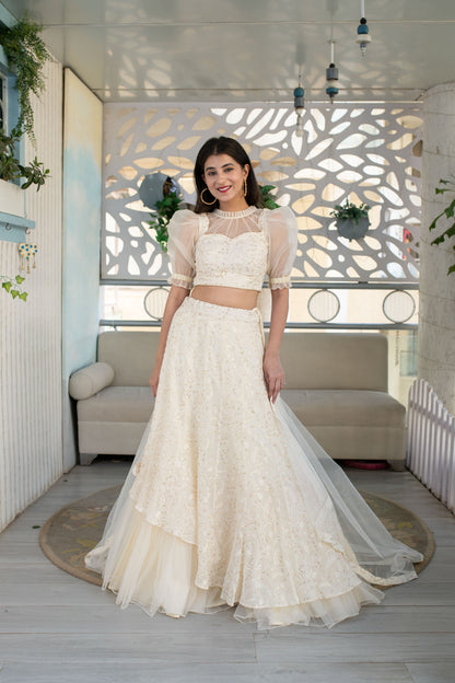 Women's Cream Lehenga ( 3 Pc Set)