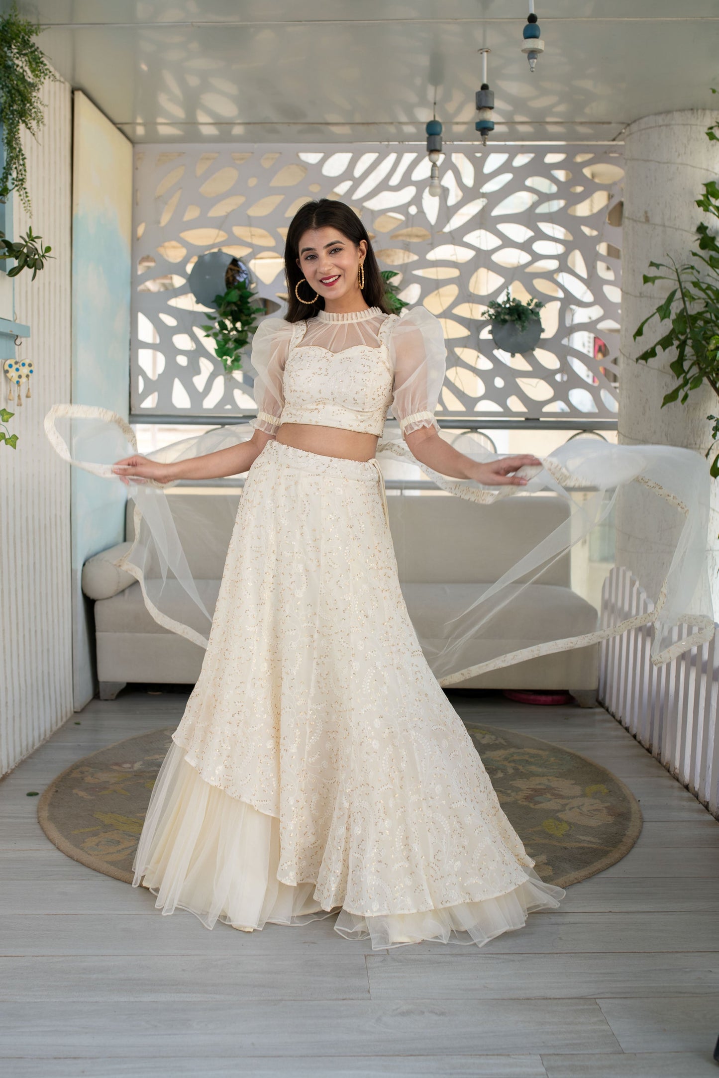 Women's Cream Lehenga ( 3 Pc Set)