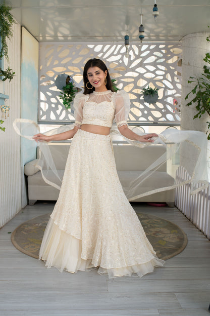 Women's Cream Lehenga ( 3 Pc Set)