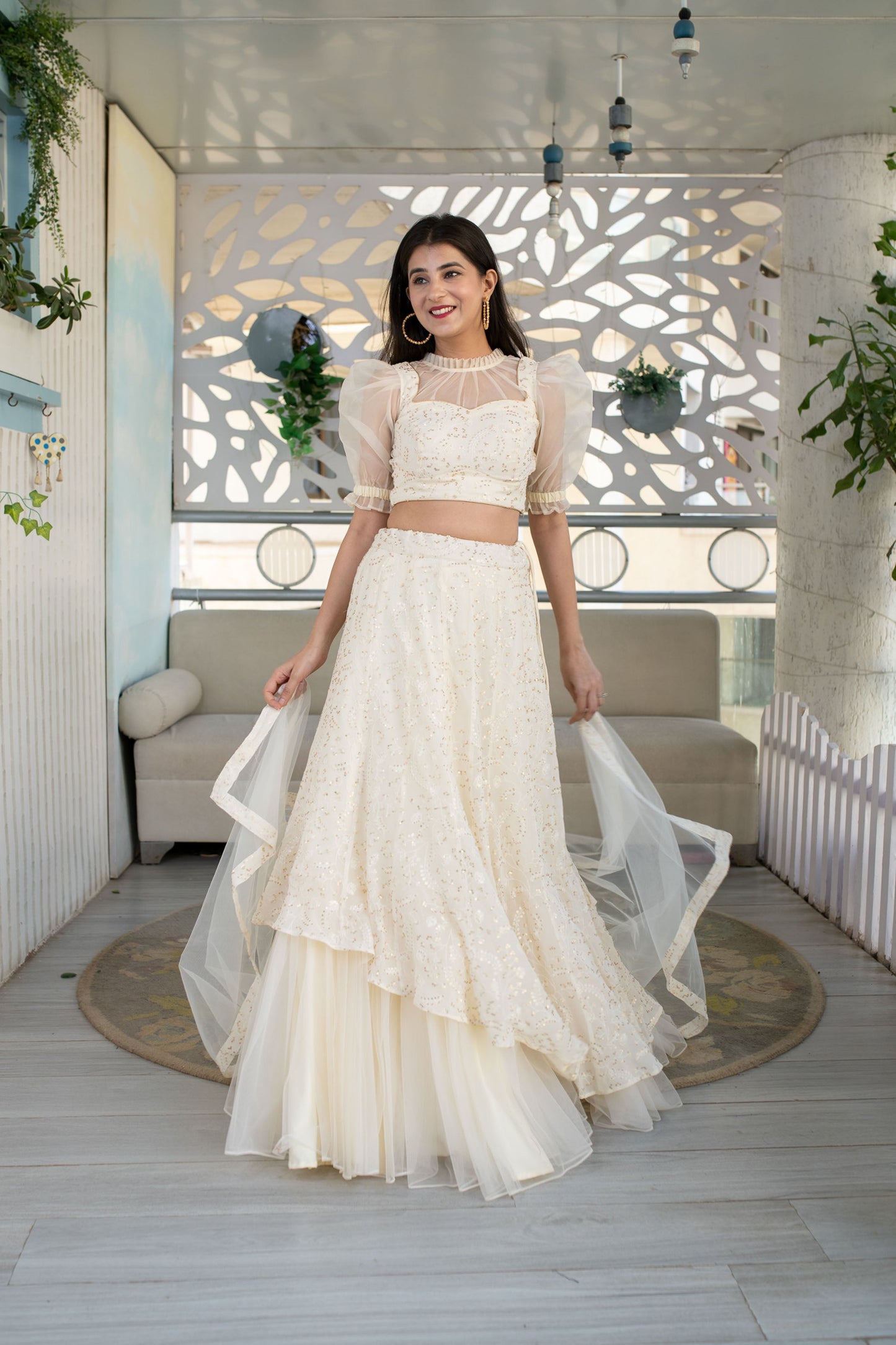 Women's Cream Lehenga ( 3 Pc Set)