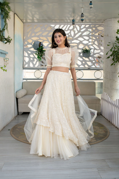 Women's Cream Lehenga ( 3 Pc Set)
