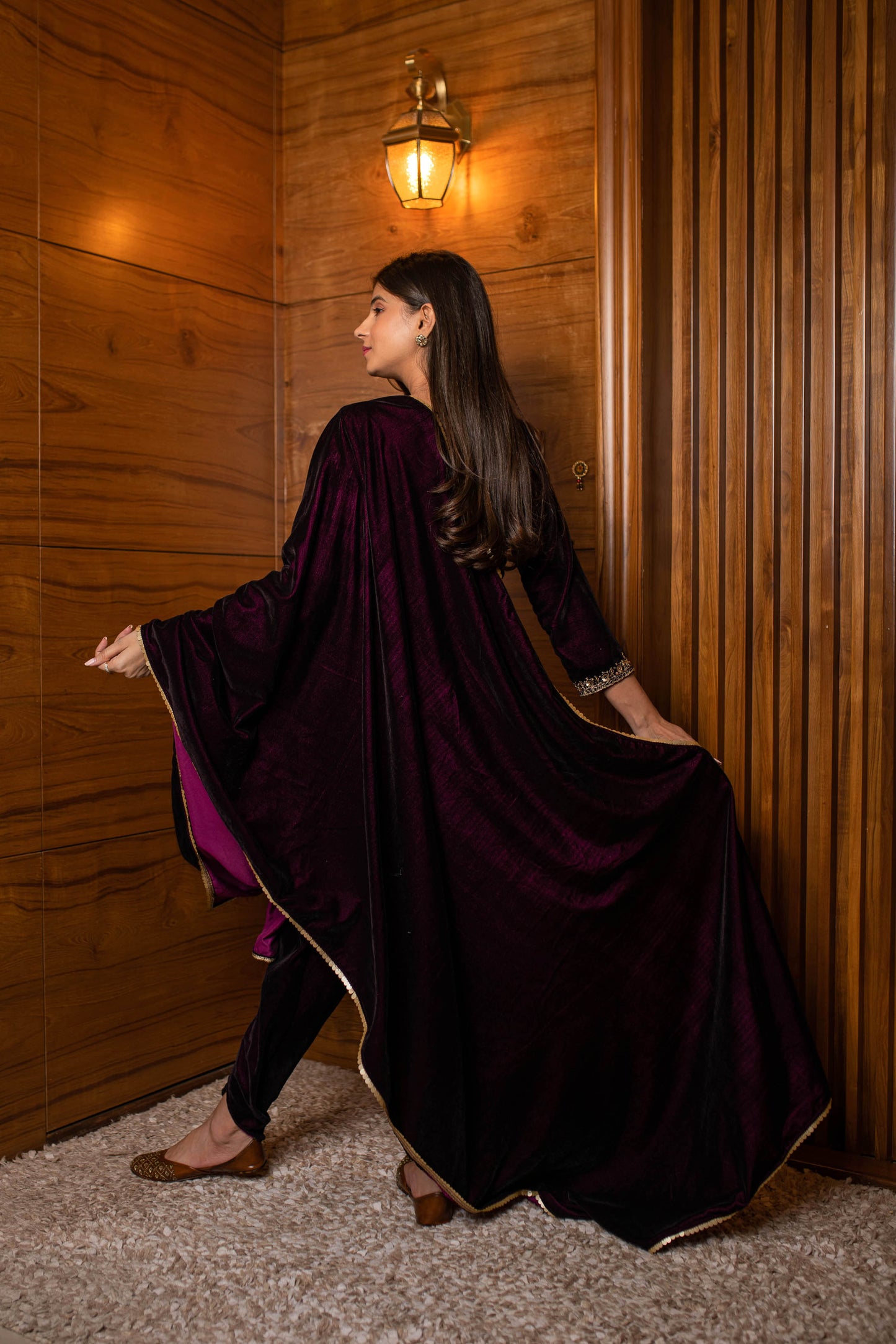 Women's Wine Velvet Dhoti With Hand Work