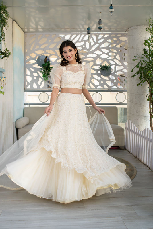 Women's Cream Lehenga ( 3 Pc Set)