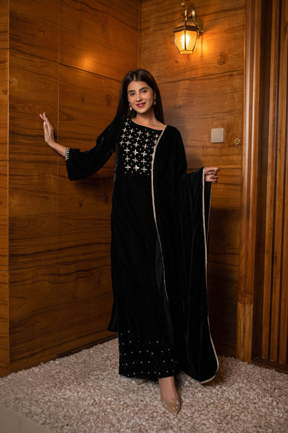 Women's Black Silver Hand Work Kurta Palazzo Set