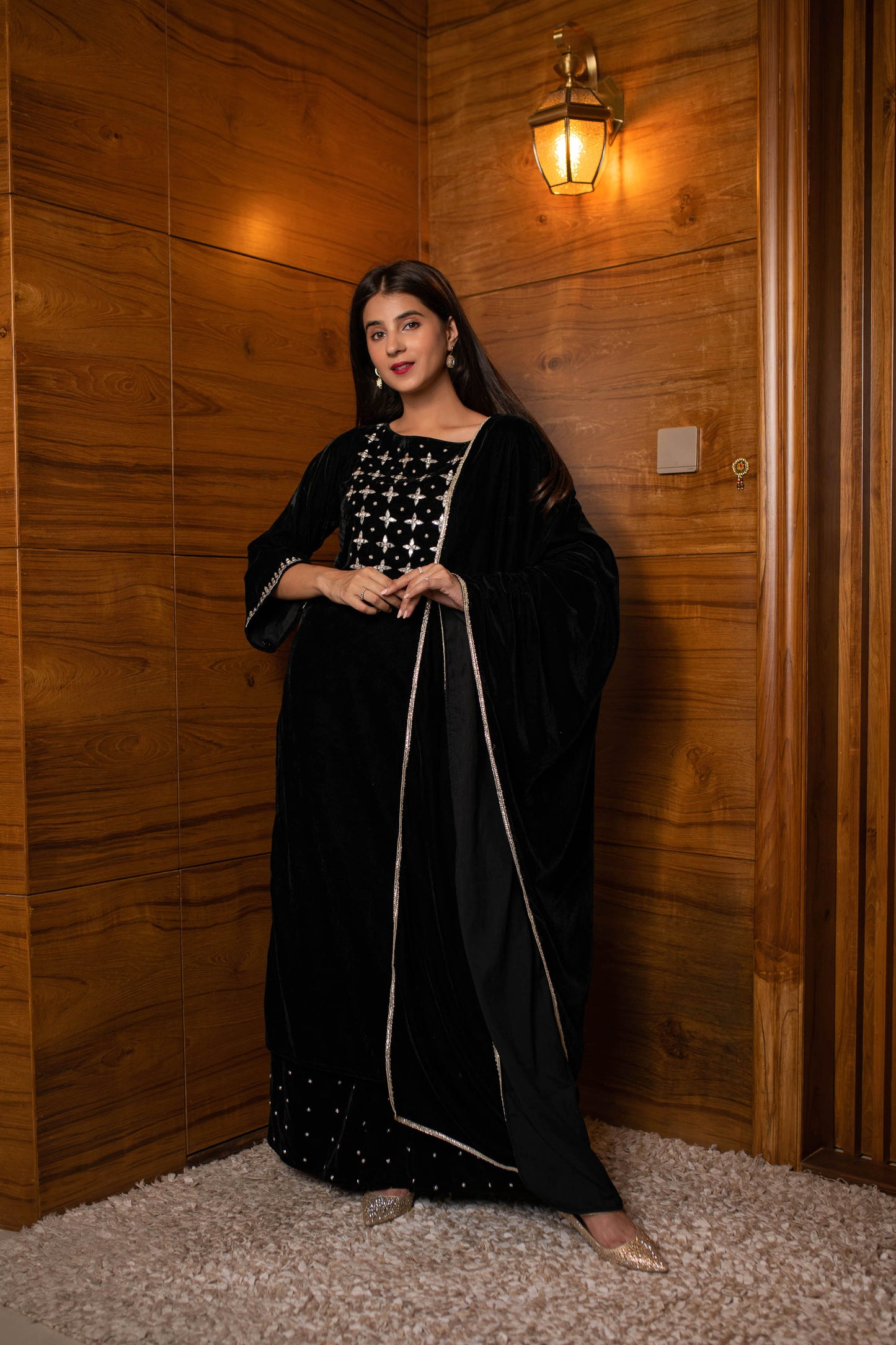 Women's Black Silver Hand Work Kurta Palazzo Set
