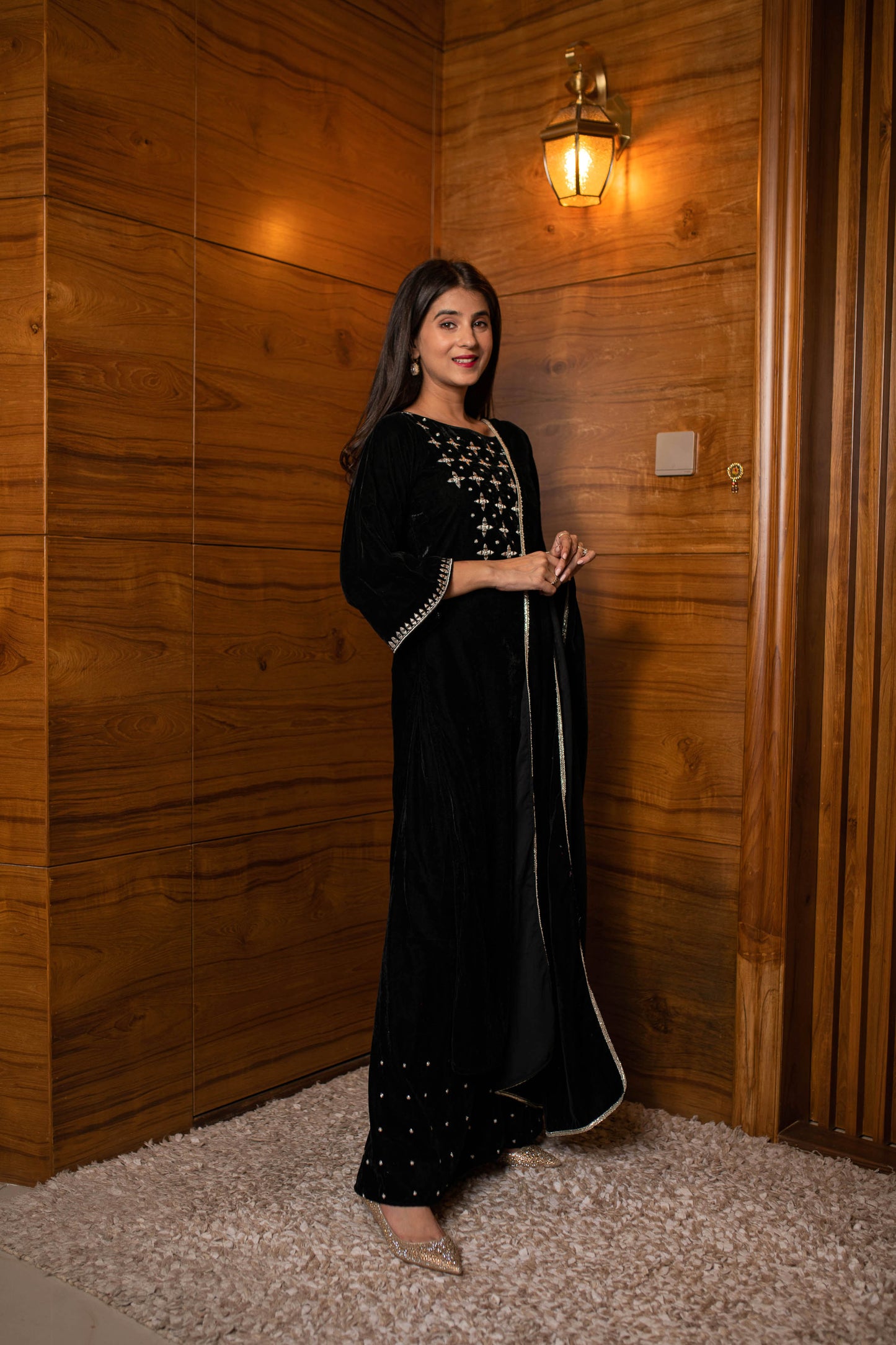 Women's Black Silver Hand Work Kurta Palazzo Set