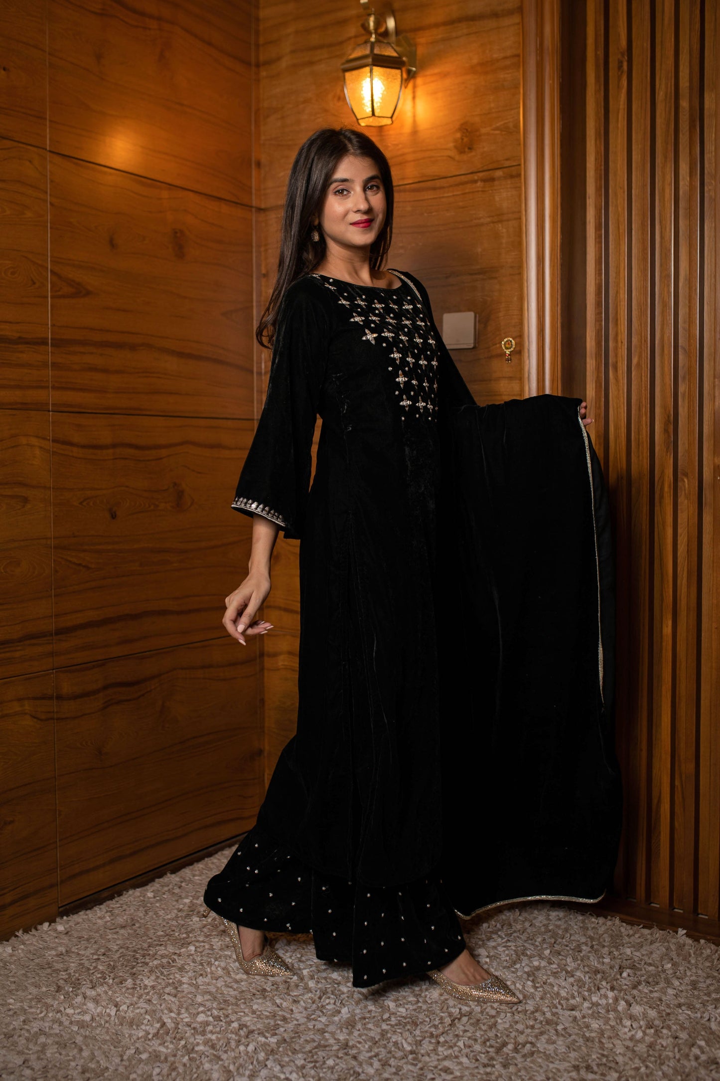Women's Black Silver Hand Work Kurta Palazzo Set