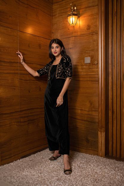 Women's Black Overcoat Velvet Set