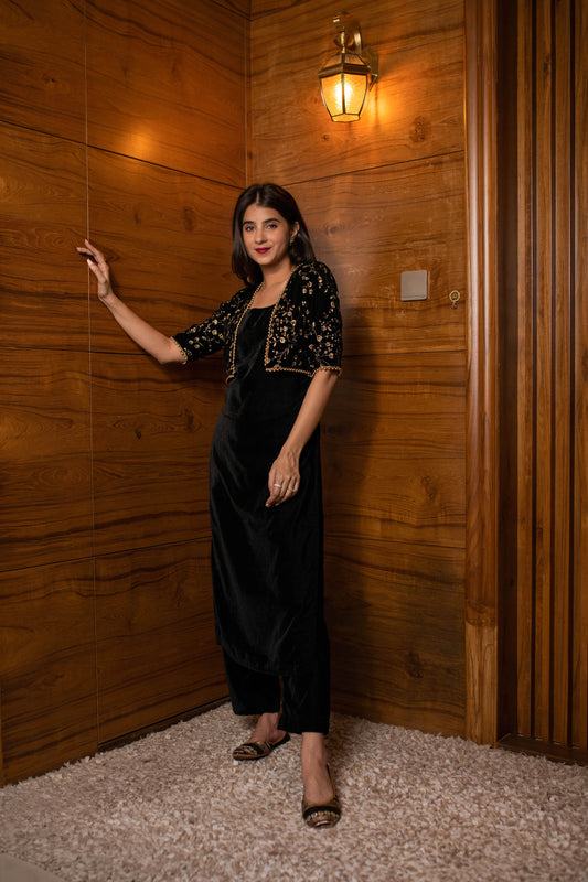 Women's Black Overcoat Velvet Set