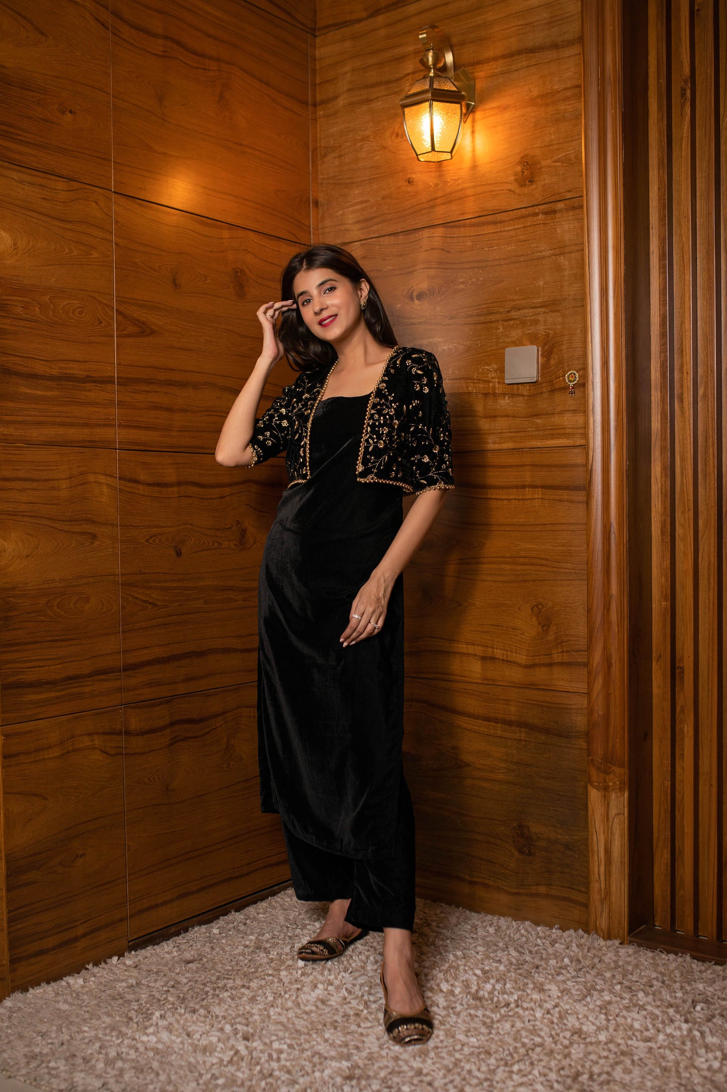 Women's Black Overcoat Velvet Set