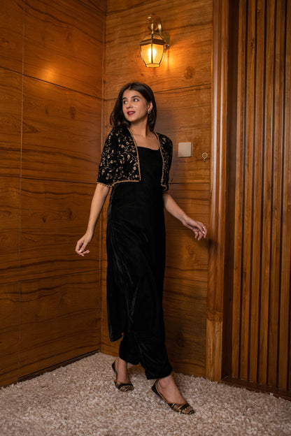 Women's Black Overcoat Velvet Set