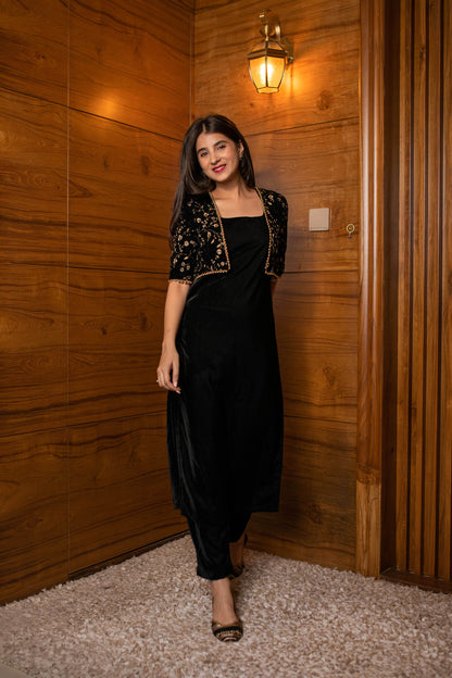 Women's Black Overcoat Velvet Set