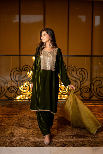 Women's Velvet Dark Olive Kurta Set
