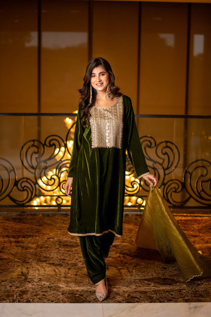 Women's Velvet Dark Olive Kurta Set