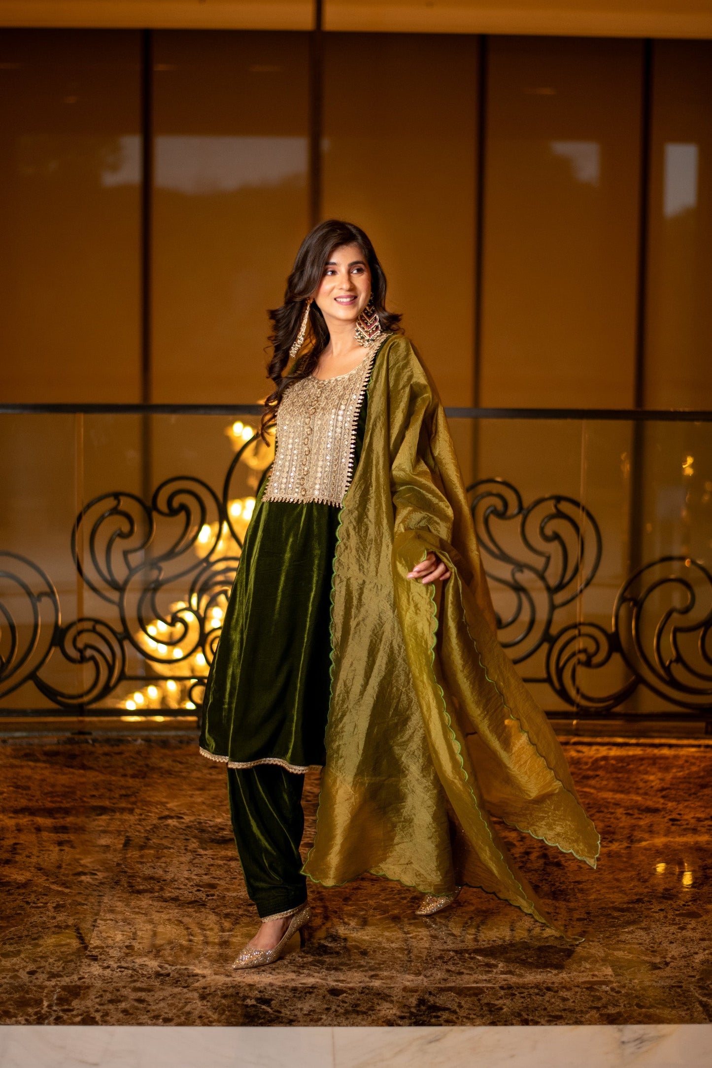 Women's Velvet Dark Olive Kurta Set