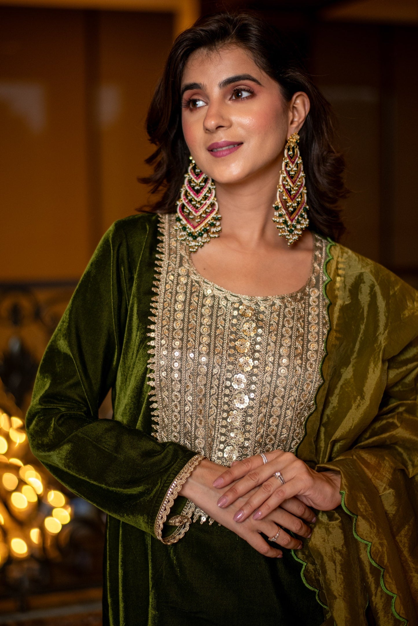 Women's Velvet Dark Olive Kurta Set