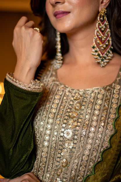 Women's Velvet Dark Olive Kurta Set