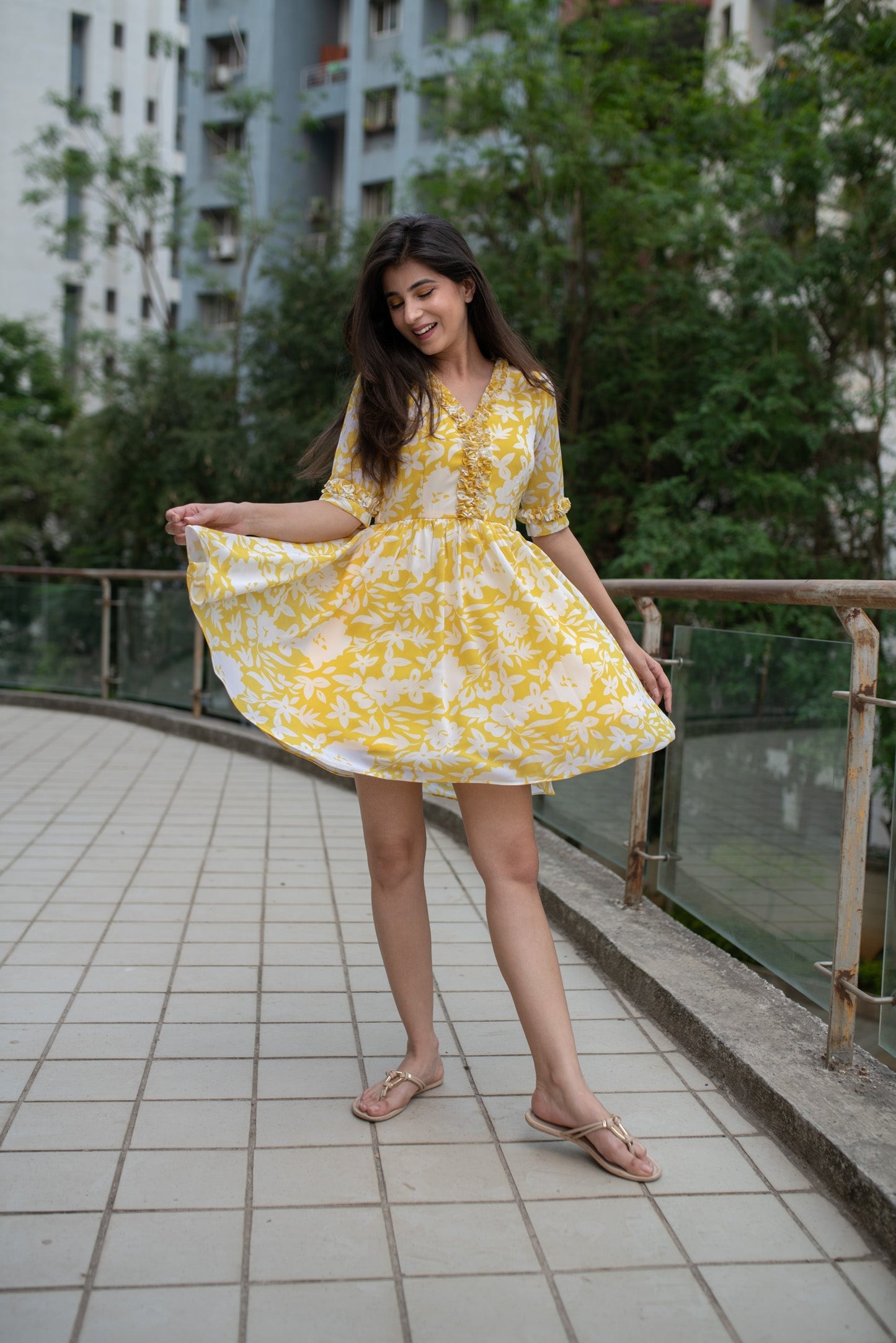 Women's Yellow White Floral Short Dress (1pc)