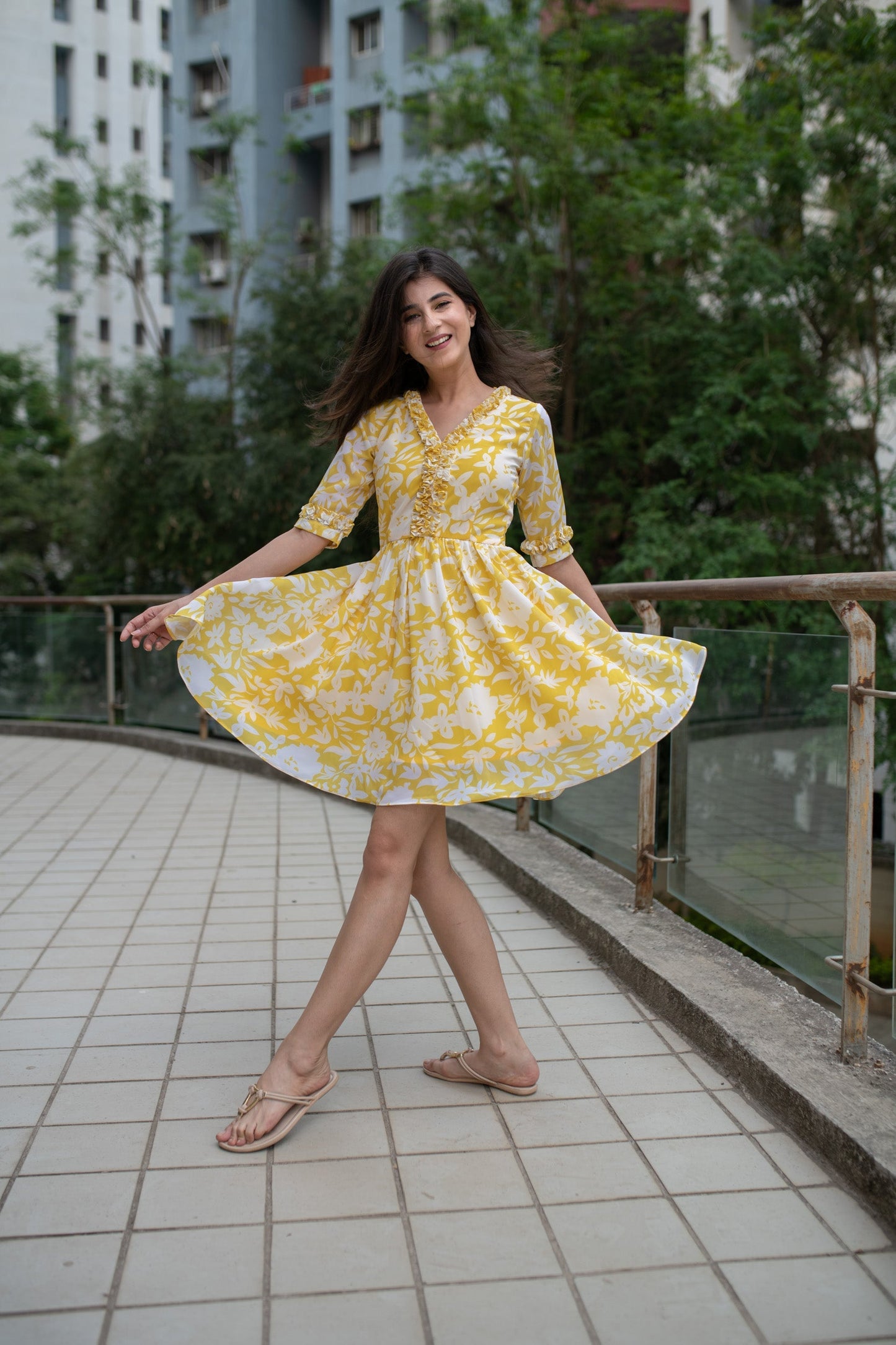 Women's Yellow White Floral Short Dress (1pc)