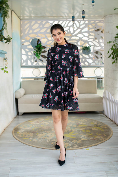 Women's Black Floral Short Dress  (1pc)