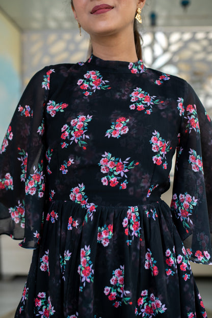 Women's Black Floral Short Dress  (1pc)