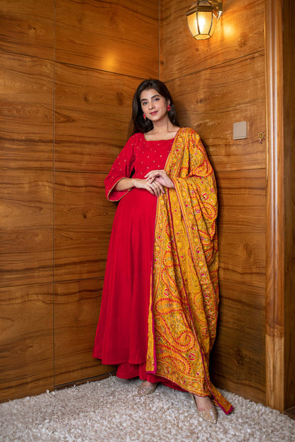 Women's Red Velvet Anarkali Set
