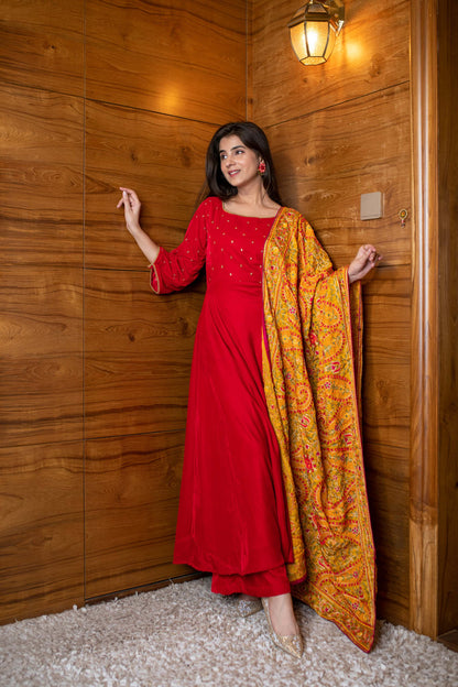 Women's Red Velvet Anarkali Set