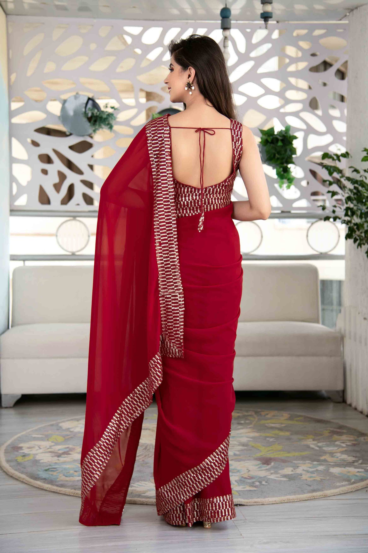 Women's Red Sequin Saree