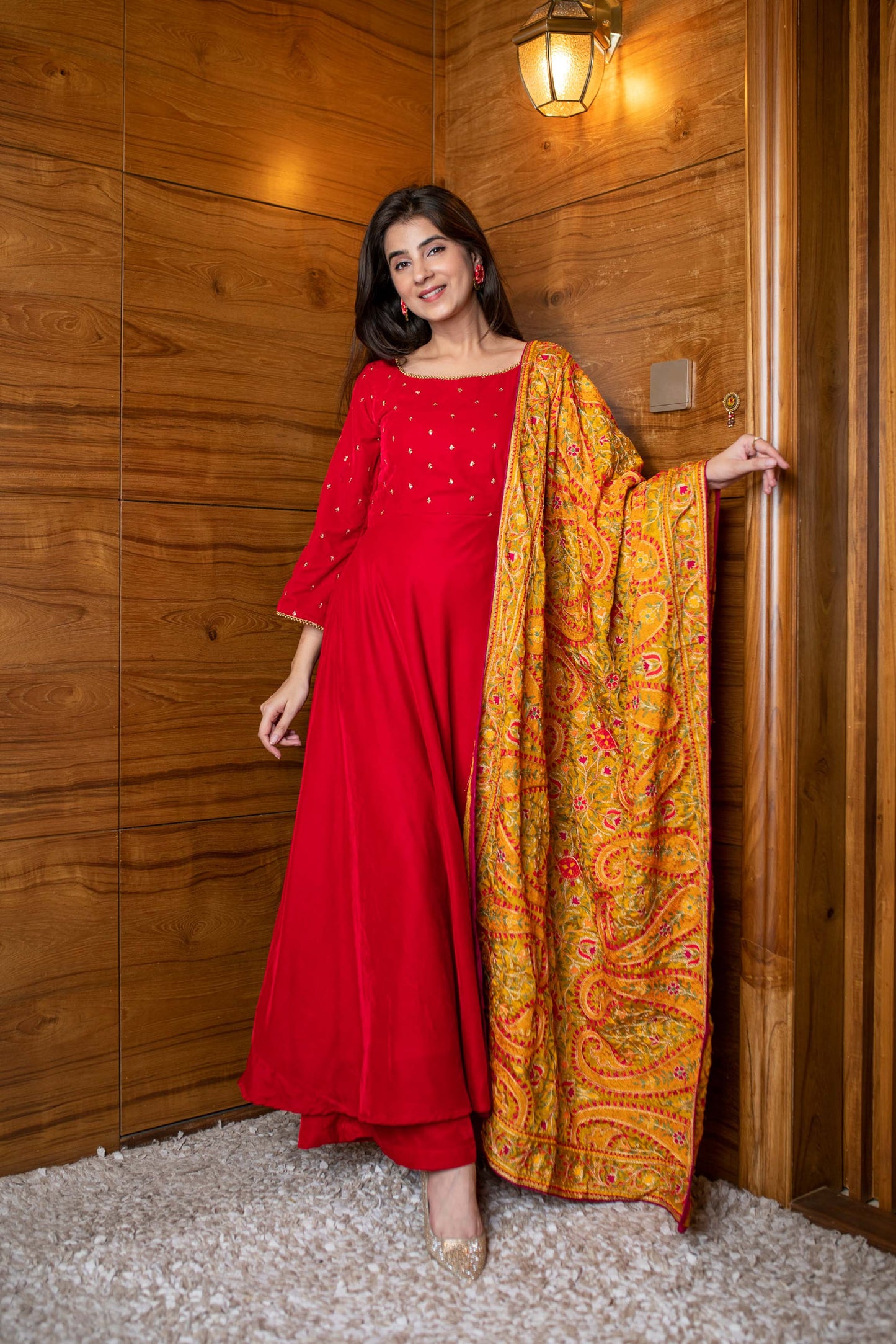 Women's Red Velvet Anarkali Set