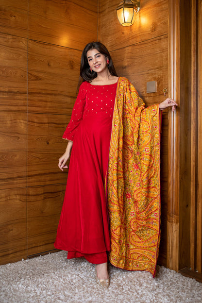 Women's Red Velvet Anarkali Set