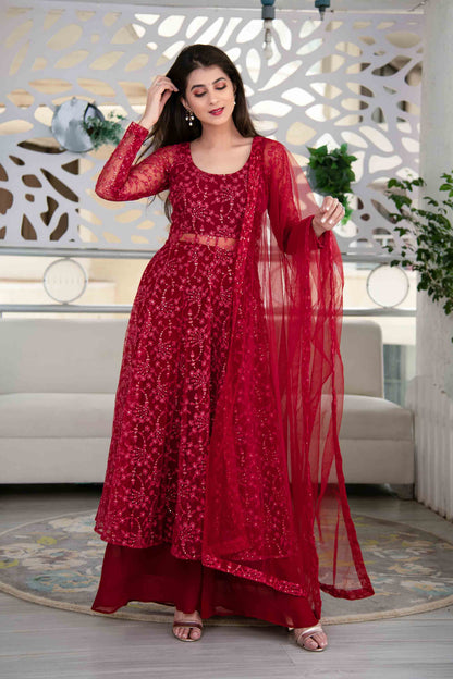 Women's Red Anarkali Suit Set With Palazzo With Net Dupatta