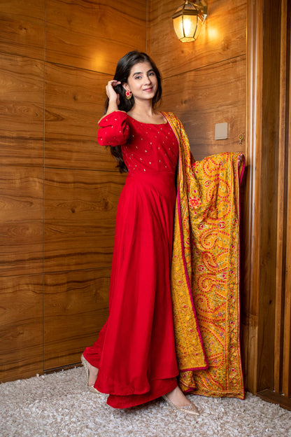 Women's Red Velvet Anarkali Set