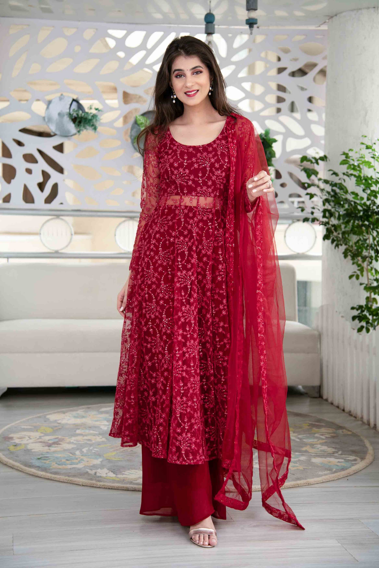 Women's Red Anarkali Suit Set With Palazzo With Net Dupatta
