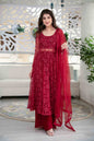 Women's Red Anarkali Suit Set With Palazzo With Net Dupatta