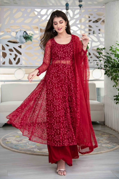 Women's Red Anarkali Suit Set With Palazzo With Net Dupatta