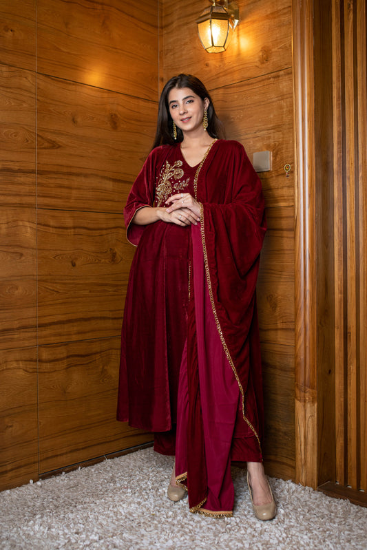 Women's Maroon Velvet Hand Work Kurta Set